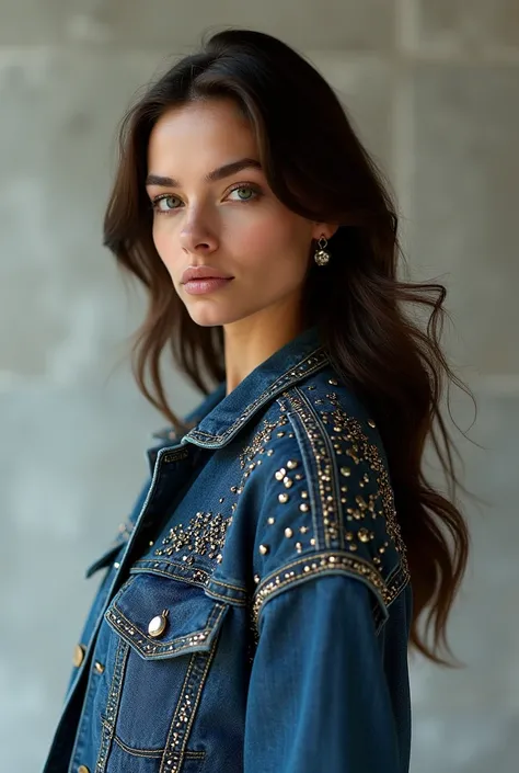 European woman model wearing denim jacket with studs. Luxurious and exquisite. 