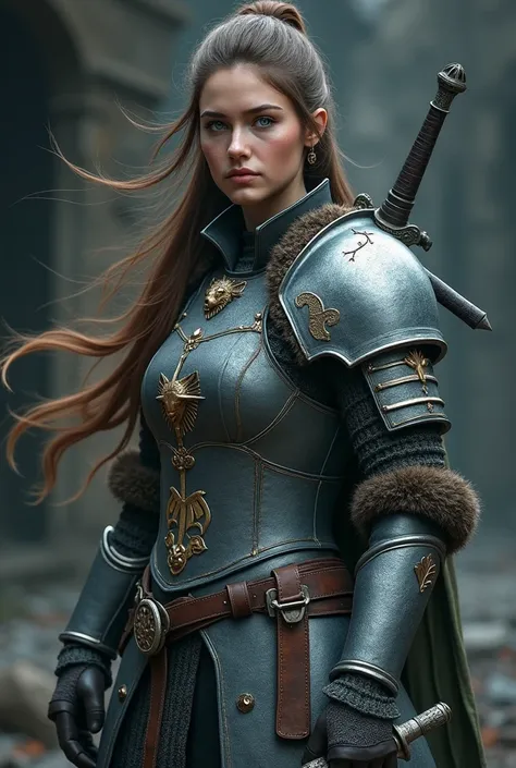 (photorealism:1.2) A women 1.55 m tall, with brown hair from the shoulders and tied, eyes of ice color. She wears grey armour embroidered with a wolfs head crest and carries a large embroidered sword on her right hip. 