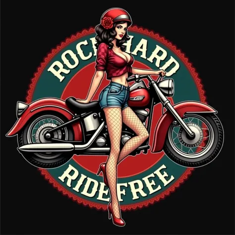 Pin-up girl brunette in motorcycle helmet on old school motorcycle, in red shoes, in fishnet stockings, in a red, sleeveless, checked shirt with an open bust, in denim short shorts, red rose in hair. In the style of old school tattoo. Eldstudio89 in the ci...