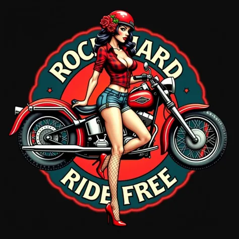 Pin-up girl brunette in motorcycle helmet on old school motorcycle, in red shoes, in fishnet stockings, in a red, sleeveless, checked shirt with an open bust, in denim short shorts, red rose in hair. In the style of old school tattoo. Eldstudio89 in the ci...