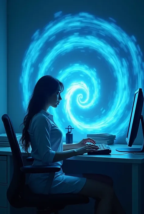 A sexy beautiful girls, white shirt, pencil skirt, work in office and look the screen of computers and her computer screen displayed a hypnotic glowing blue spiral and the womans eyes appeared blue spirals as she looked at her computer screen and her becam...