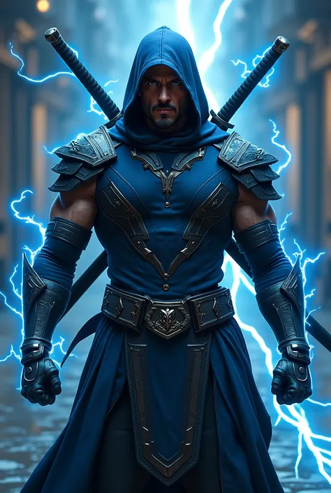 Ninja with two swords on his back with suit of metal of blue color with black with strong muscle body with lighting of blue color on sword and suit without mask and with face of Robert Downey Jr 