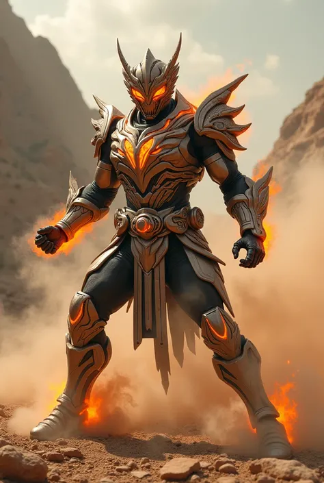 Create superhero with suit full body armour look alike kamen rider with monkey king element smoke effect background at desert mountain snake skin lava effect on suit fighting action