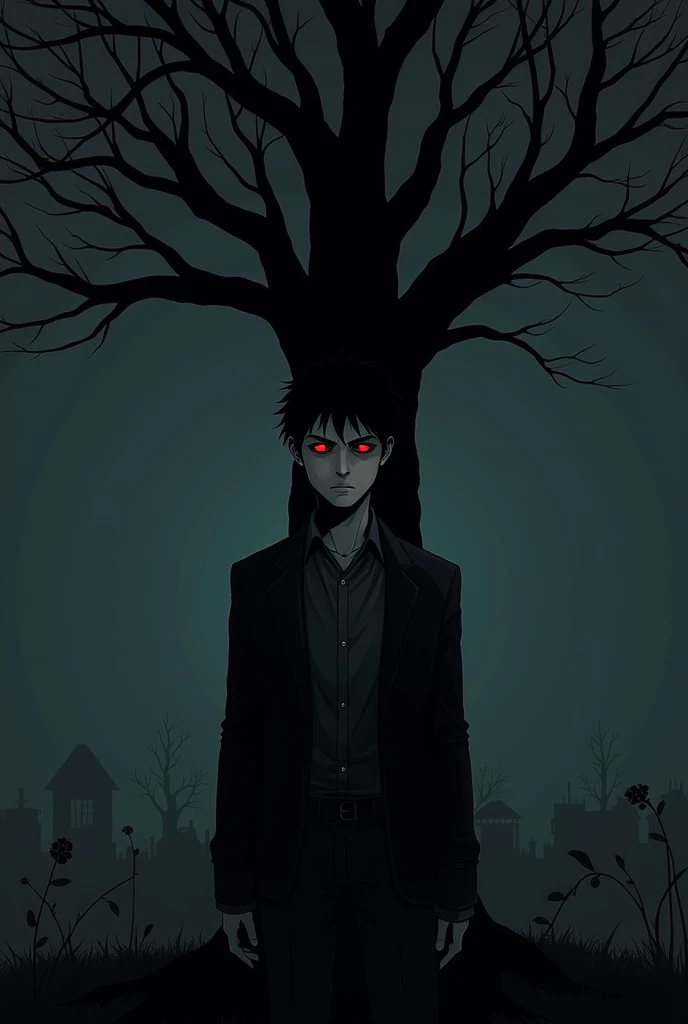 Give me a picture where a young man devil red eyes is standing under a tree sad in dark night with new moon in black theme