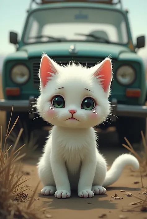 Tears were flowing from the small white cats eyes sit near of the broken car.