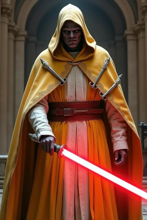 The country Vatican City as a Sith Lord from Star Wars, priest, angular grey face, swords on Cape, yellow and white, red lightsaber, agressive, frightening, ultra-realistic