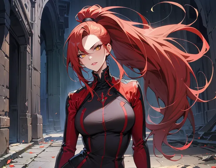 Long red hair, yellow eyes, evil, sexy, black and red clothes, tied hair, cute hairstyle, evil face, evil, serious look, gloss lips, sit, sinister, front look, bloody, gloves, beautiful eyes, short dress, big white, dark place, night, sensual, straigh hair...