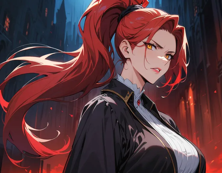 Long red hair, yellow eyes, evil, sexy, black and red clothes, tied hair, cute hairstyle, evil face, evil, serious look, gloss lips, sit, sinister, front look, bloody, gloves, beautiful eyes, short dress, big white, dark place, night, sensual, straigh hair...