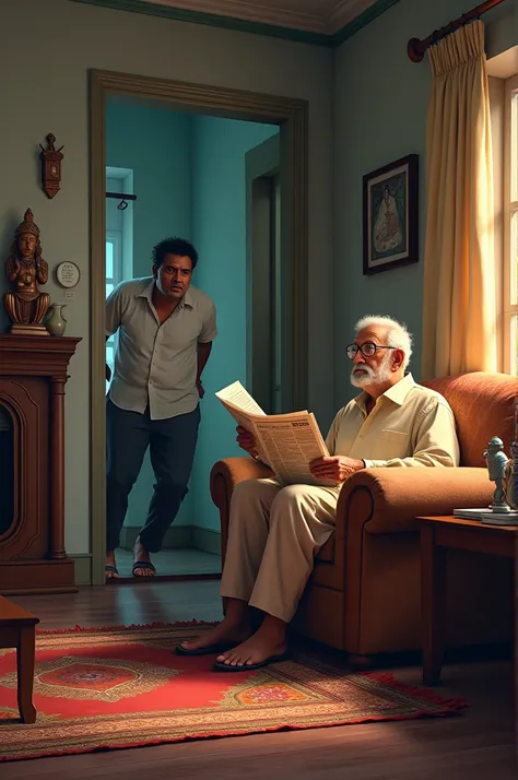 Living room of a middle-class Bangladeshi home. Mridha Sahib (father-in-law) is sitting on the sofa, reading a newspaper. His son-in-law, Jamai Babu, enters, looking worried.