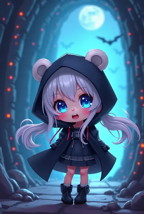 Chibi,cute,간단한 ship경,1 woman, alone,  looking for_~to_viewer, open_mouth,, long_Sleeve, jacket, saturated_body, White_pigtails, Boots, Hood, Chibi, Black color_footwear, Black color_jacket, blue_eye,  colo red_skin, Hooded_jacket, Cloak, Abyss_ship, perfor...