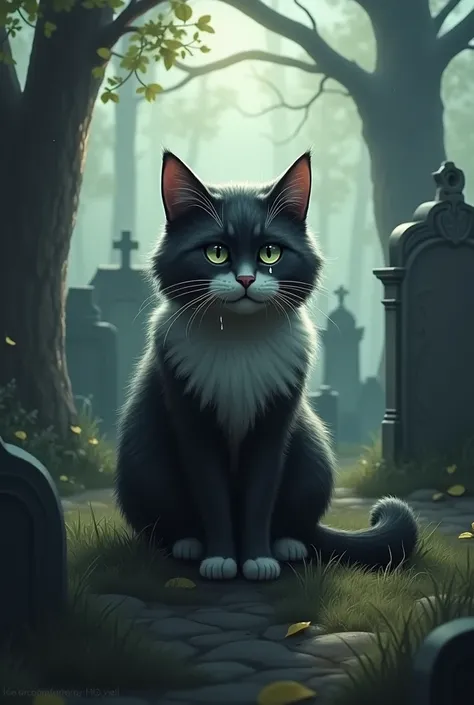 Tears are flowing from the cats eyes while sitting in the cemetery.