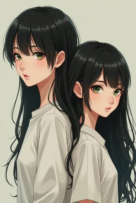 Boy with long black hair in white shirt with woman with black hair and green eyes