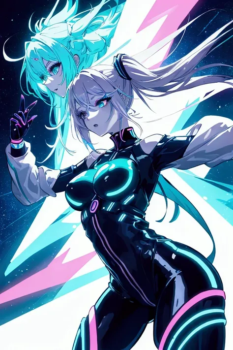 Create an anime-style illustration of a dynamic and stylish female character that embodies the energy and excitement of an EDM song. She should have a futuristic and vibrant look, with bright neon colors and glowing accents. Her outfit should be modern and...