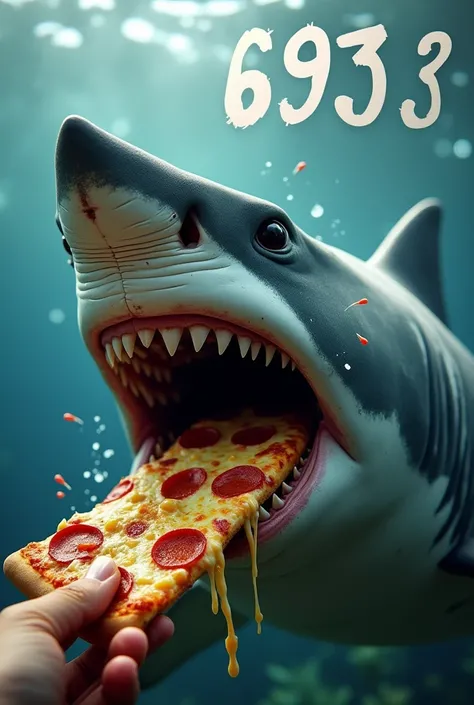 Shark eating pizza with the writing of (2429+2614+1900)