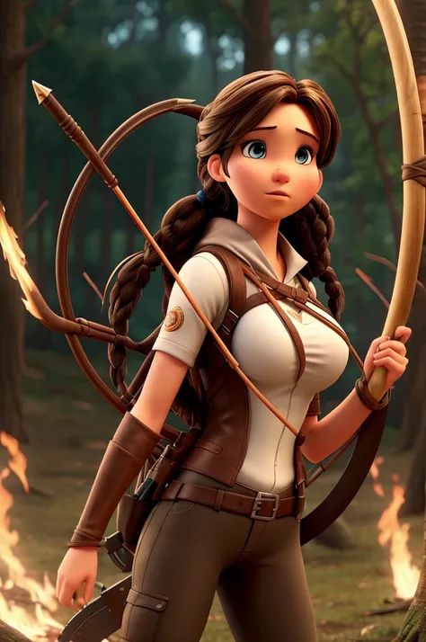 Draw Katniss Everdeen in the middle of the Hunger Games arena, holding his bow and arrow. She must have her combat gear torn, with her big breasts on display, with an expression of lust and climax. The background should show the dense and dangerous forest ...