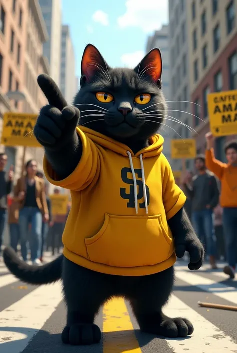 Create a black cat demonstration. He protests demanding justice pointing his finger forward. He wore a yellow alma mater and stood in the street. Hes a student.