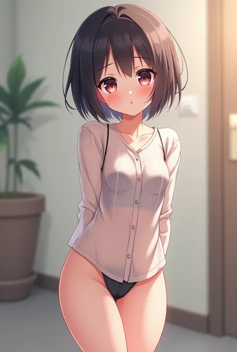 an anime, shy, and small, She doesn&#39;t have big breasts but she&#39;s kind of small, has short hair, a rather large thigh, a transparent blouse, blushing with shame, and she is stopped