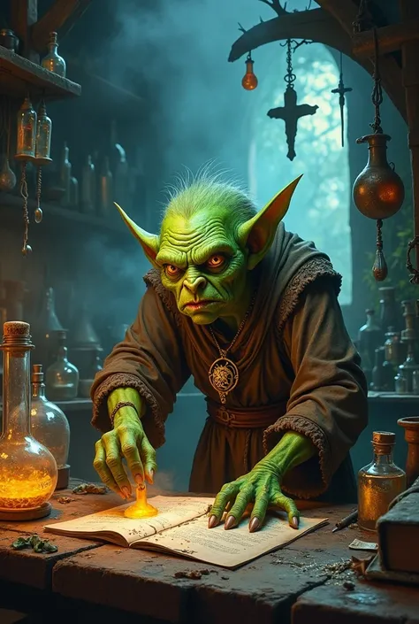 A 1, ugly goblin alchemist devoted to Nimb from the Tormenta20 universe. The goblin has wrinkled green skin, a crooked nose, and small, beady eyes that gleam with intelligence. He wears tattered robes stained with various alchemical substances, and around ...