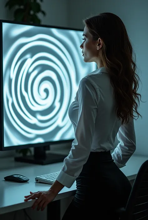 sexy woman, white shirt, pencil skirt, standing, in front of a computer screen depicting a spiral, she is hypnotized, her eyes become spirals, she looks at the screen