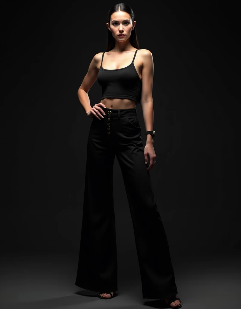  In a sleek, black studio with a high-contrast backdrop, she wears a fitted, sleeveless black bodysuit paired with high-waisted, wide-leg trousers. Her black hair is pulled back into a sleek bun. She stands with one foot forward, her hand resting on her hi...