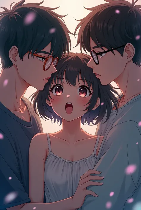 A girl caught in the arms of two guys with glasses looking at the girl with desire Animated
