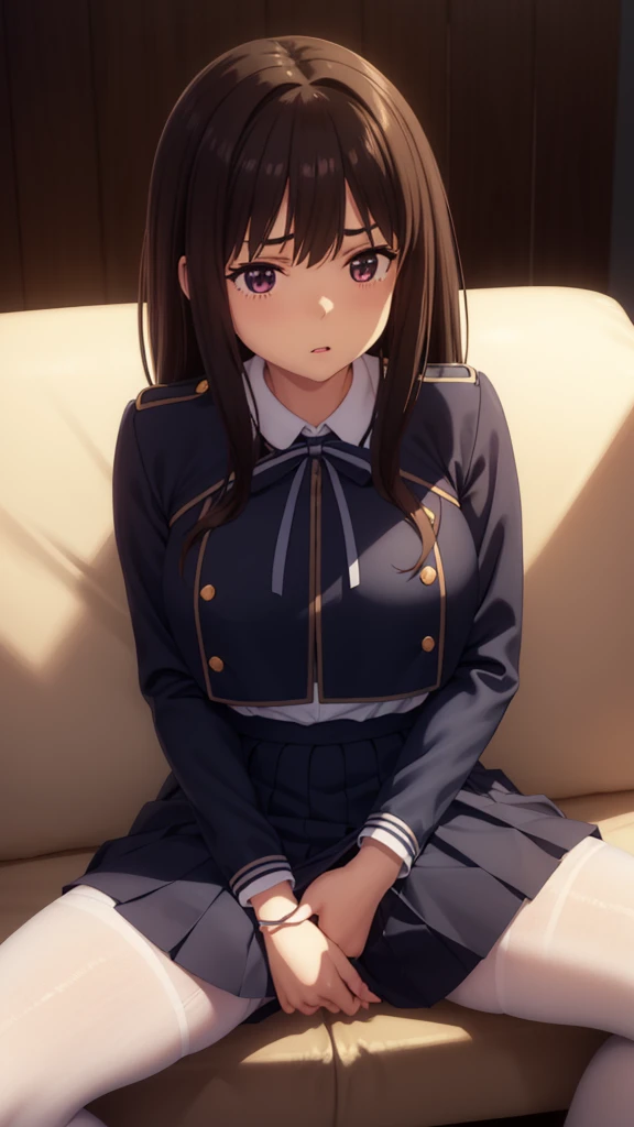 nsfw、m1girl,school uniform, masterpiece, extremely detailed face, Newest,animated painting, nice angle,Sitting with Knees Up on sofa at living, spread legs、 underwear, Enhance colors to maximum saturation,nblush, breasts, clothes lift, crotch seam,lingerie...