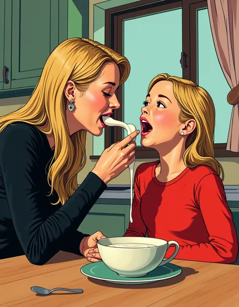 Norwegian mother letting yogurt drip in to her teenage daughters open mouth, kitchen window, table, vivd lurid colors, mother is wearing black, daughter is wearing red, very blond hair, style of Euro Fumetti comic books, HD, 8x, intricate, retro, 