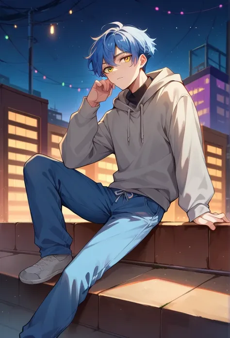 emijah shiro, blue hair, yellow eyes, gray jumper, blue pants, sitting on the roof, night city lights against the background