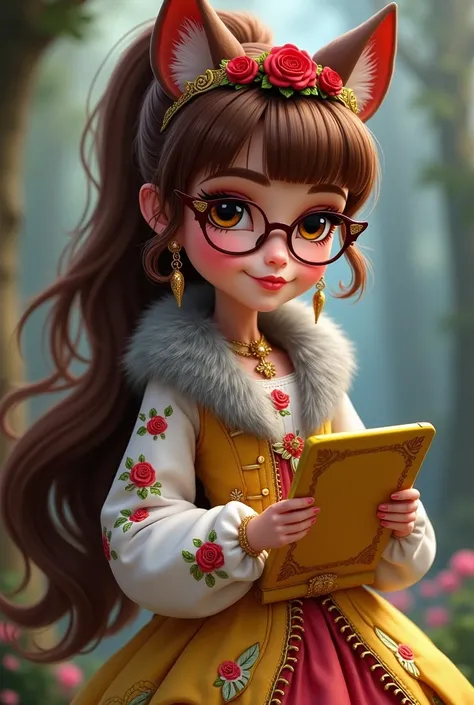 Imagem da filha da Ramona Badwof e da Rosabella Beauty de Ever After High: Must have a long wavy brown ponytail with bangs, You have to have red highlights in your hair, first of all, light brown eyes, brown glasses with a red rose, long white blouse with ...