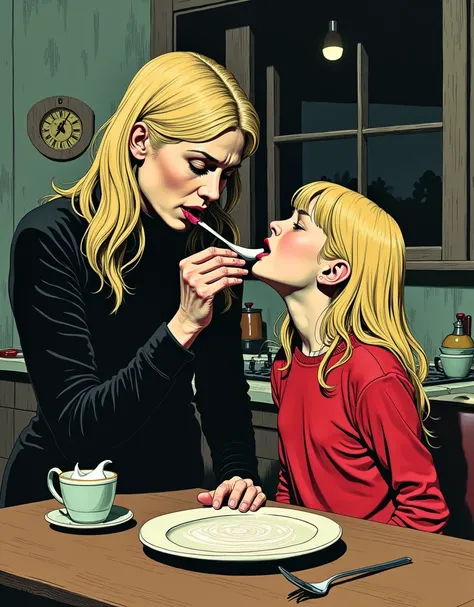 Norwegian mother letting yogurt drip in to her teenage daughters open mouth, kitchen window, table, vivd lurid colors, mother is wearing black, daughter is wearing red, very blond hair, style of Euro Fumetti comic books, Milo Manara, Jean Giraud, David Lyn...