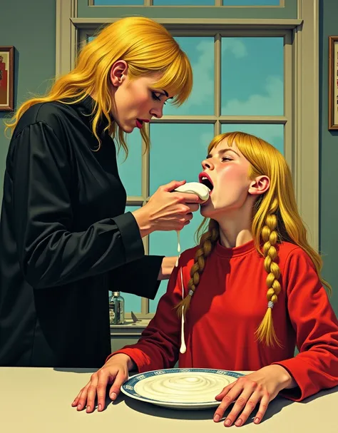 Norwegian mother letting yogurt drip in to her teenage daughters open mouth, kitchen window, table, vivd lurid colors, mother is wearing black, daughter is wearing red, very blond hair, style of Euro Fumetti comic books, Milo Manara, Jean Giraud, David Lyn...