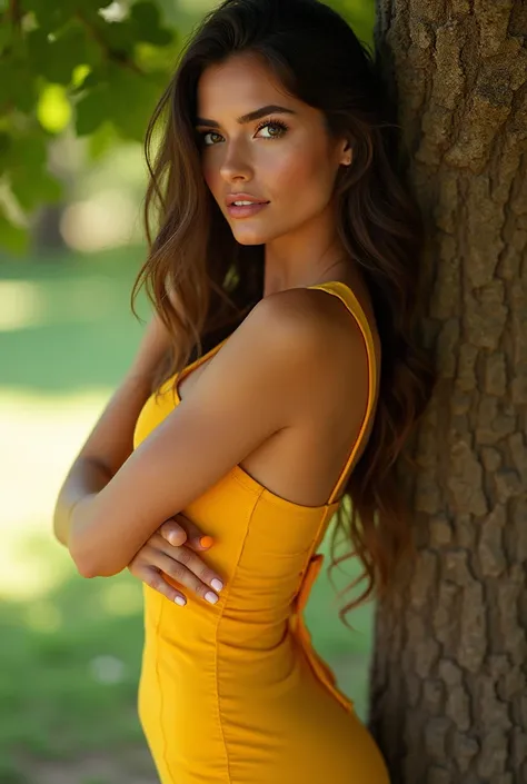 A woman in a yellow dress posing next to a tree, Beautiful yellow woman, cute seductive smile, lady wearing yellow dress, seductive smile, beautiful woman, beautiful and smiling, very beautiful woman, Amazing beauty, chica sexy, hermosa beautiful woman, wi...