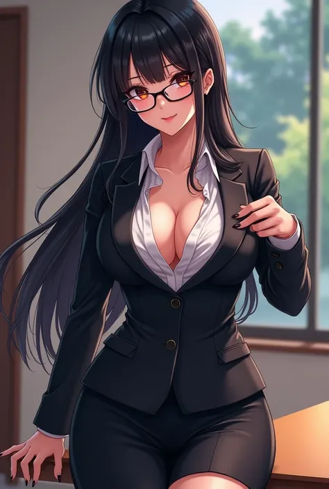 Create the image of a teacher made with anime art Make her a woman Put on a suit and glasses and more curves Put on long hair and a big bust Put on a slight cleavage on the bust and thicker thighs Increase the bust and make her hair black