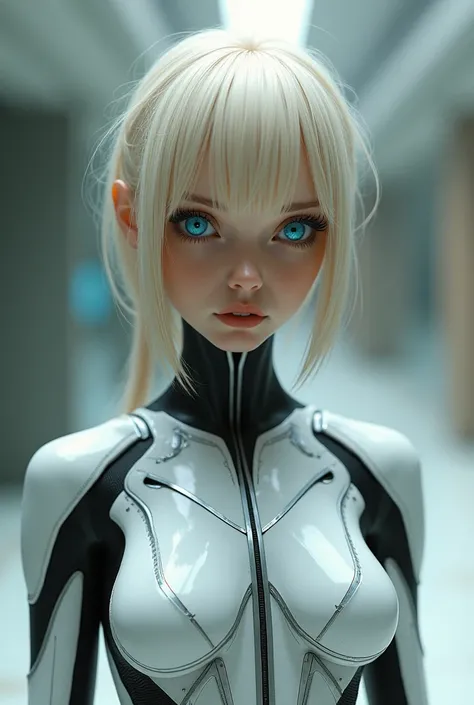 Alien biomechanics in stealth suit,, blond, blue eyes, head of&#39;artwork, Attractive, look at the viewer