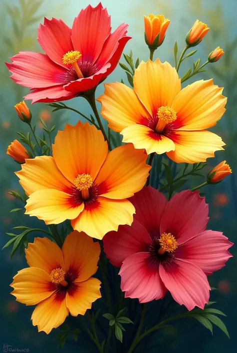 brightly colored oil-type flowers

