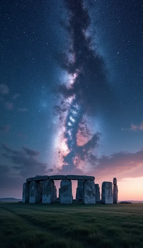 Photorealistic milkyway wiew at sky, below appears Stonehenge in all its splendor