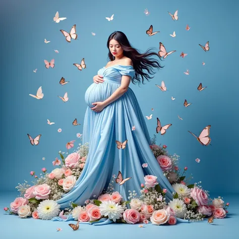 pregnant woman in a blue gown surrounded by flowers and butterflies, an album cover by Willie Ito, shutterstock contest winner, rococo, queen of flowers, official artwork, maternal photography 4 k, cover shot, promo image, flower queen, real photoshoot que...