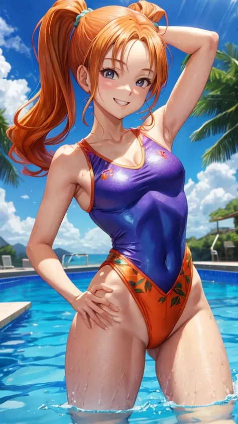 Jessica Albert (Dragon Quest), Jessica Albert, 1 woman, flowerprint leotard swimsuit with v neck, short pigtails, orange hair showing on forehead, beautiful, masterpiece, best quality, smiling face, looks in the eye of the beholder, poolside Standing pose