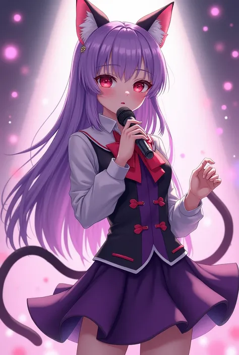 magic girl and a famous idol with long straight hair light purple and cat ear and tail, red eyes, holding a microphone, waring a skirt
