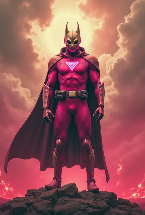 high-tech suit, posterize effects, malaysian superhero (KELUANG MAN) in a striking pink and beige costume cyberpunk design, mask small bat ear beige, daredevil biage mask, jumpsuit dark pink stands confidently in a dramatic, stormy landscape. ((Head covere...