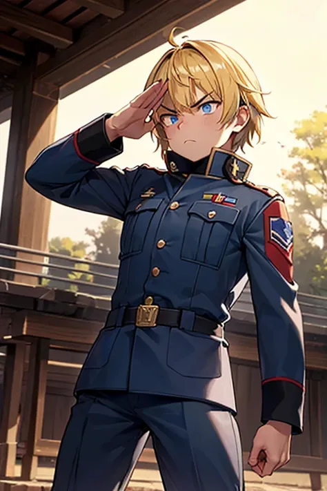 male子　male　blonde　blue eyes　thin　Surprised expression　Shota　soldier　front　army　Shooting　uniform　Angry Face　Medals　Live ammunition training　field　army　salute