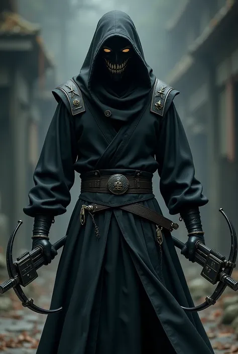 Ninja alchemist male in fully closed black clothes and wearing a hood with an oni mask covering his face with a katana and two hand crossbows UHD, textured skin, super detail, high details, high quality,