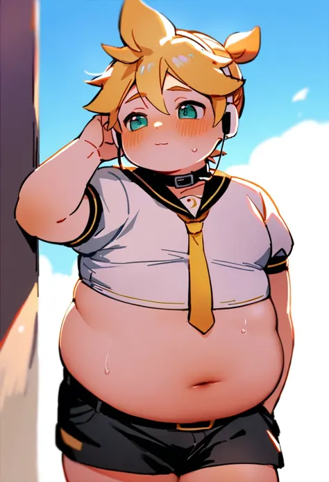 1 boy, (male child), , (kagamine len), cute, earphone, obese, over small crop top, collar tie, shorts, (chubby), (plump),( belly...