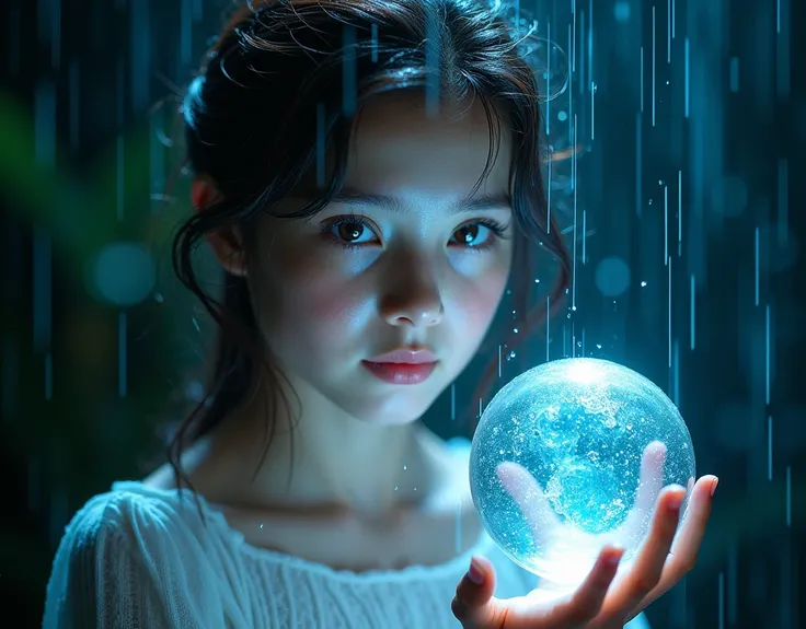 Teenager holding a bubble of clear, pure water, with magical powers, Good illuminated photo, pretty young girl, Beautiful big and clear eyes, wet by the water falling from the sky, fotografía de portrait, portrait, water jet, crystal clear water with refle...