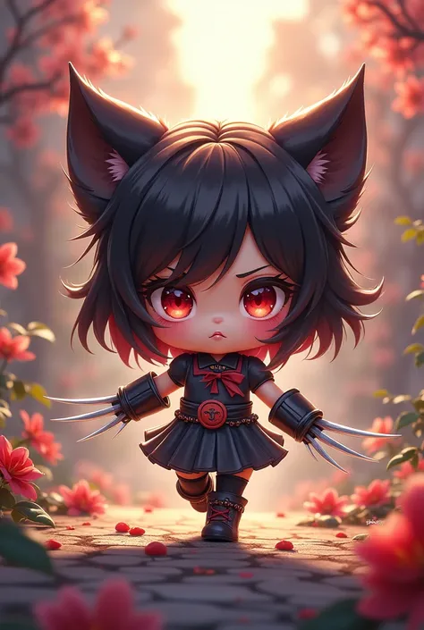 a cute chibi girl with 2 claws on each hand, beautiful detailed eyes, beautiful detailed lips, extremely detailed face, longeyelashes, wolverine inspired, cute and adorable, colorful, vibrant colors, whimsical, dynamic action pose, illustrations, digital a...