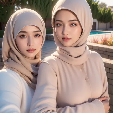 A beautiful young woman, (1girl), majestic hijab outfit, detailed face, alluring eyes, full lips, outdoor setting, selfie, soft lighting, warm colors, (best quality,4k,8k,highres,masterpiece:1.2),ultra-detailed,(realistic,photorealistic,photo-realistic:1.3...