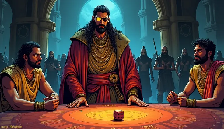 here’s an image prompt for this part of the narrative:

"a comic-style illustration of the pivotal moment during the game of dice in the mahabharata. shakuni, wearing an eye patch and exuding an aura of calculated malice, stands in the foreground, overse