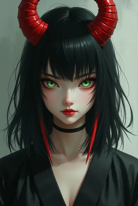 Black Hair。Bob。Demon&#39;s Red Horns。White skin。Green Eyes。Red on the corners of the eyes。Red seductive lips。Beautiful Japanese Women。Kunoichi。Female Shinobi。Red, sharp, long claws。