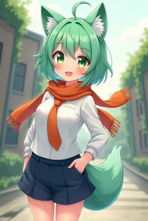 A 1 high school girl with mint green short hair and adorable mint green wolf ears. She has large, heart-shaped green eyes that radiate friendliness and cuteness. Dressed in a school uniform, she wears a crisp white shirt and dark blue shorts, complemented ...