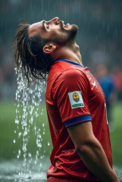 Luka modric pouring water over his head in completely wet soccerclothes. His hair is wet. Water flows over his shirt and the shirt is completely soaked 